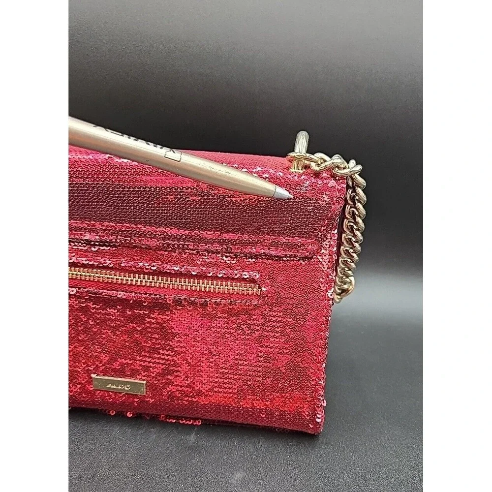 Aldo Red Sequent Handbag W/ Yellow Metal Chain Adjustable‎ Evening Event Purse